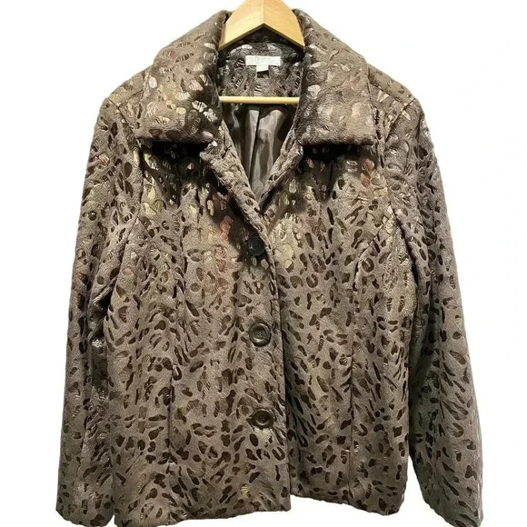 Erin Evening Women’s Brown Metallic Warm Cozy Animal Print Jacket 1X - Picture 1 of 8